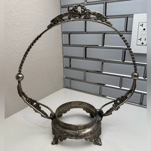 Vintage Bride's Basket Blue Fenton Ruffled Edges Bowl with Metal Holder - Picture 5 of 17